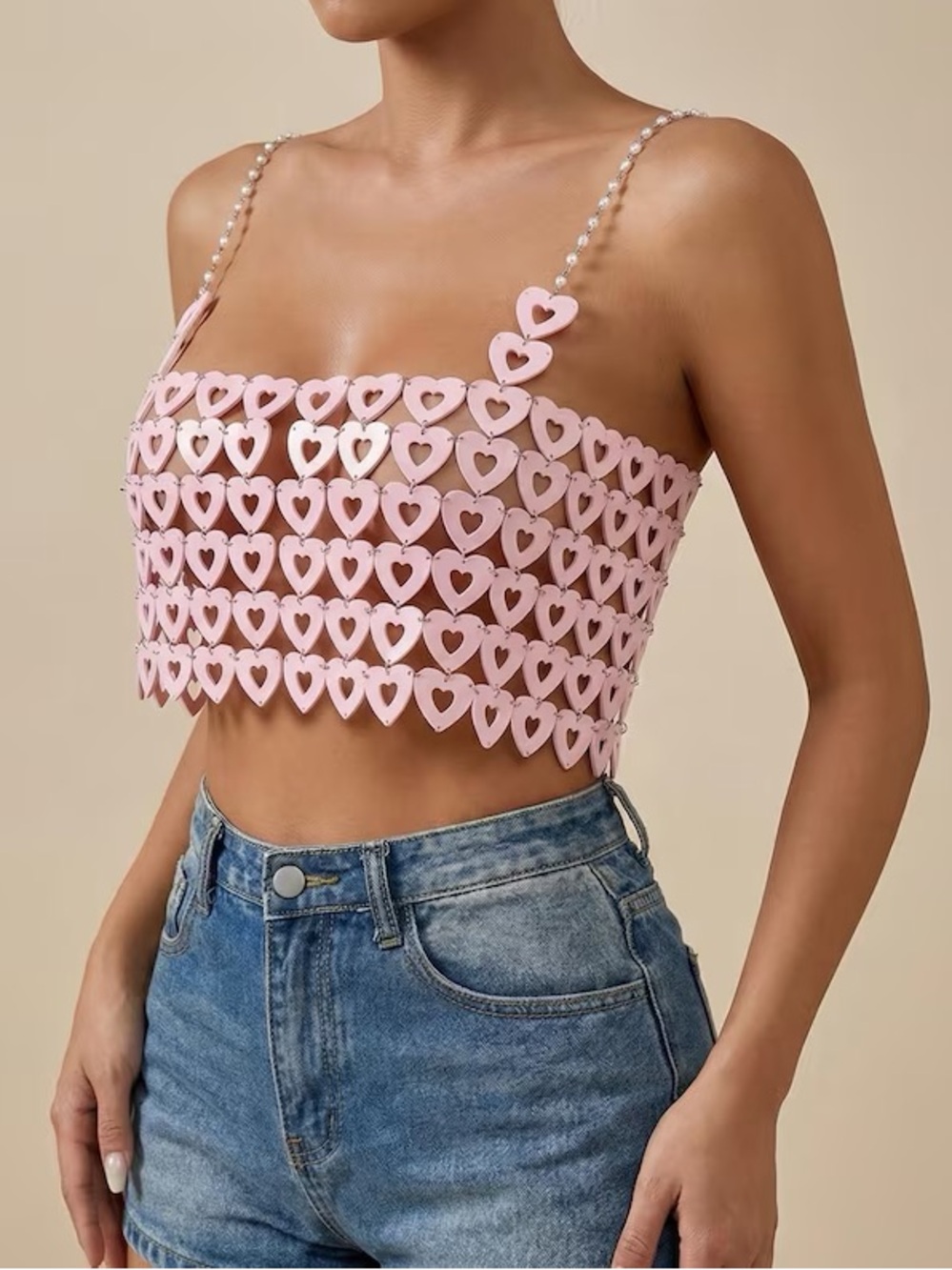 Pink Heart Rave Crop Top with Pearl Straps